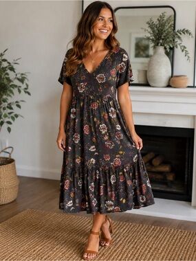 Maurices Dark Gray Floral V-Neck Tiered Midi Dress
